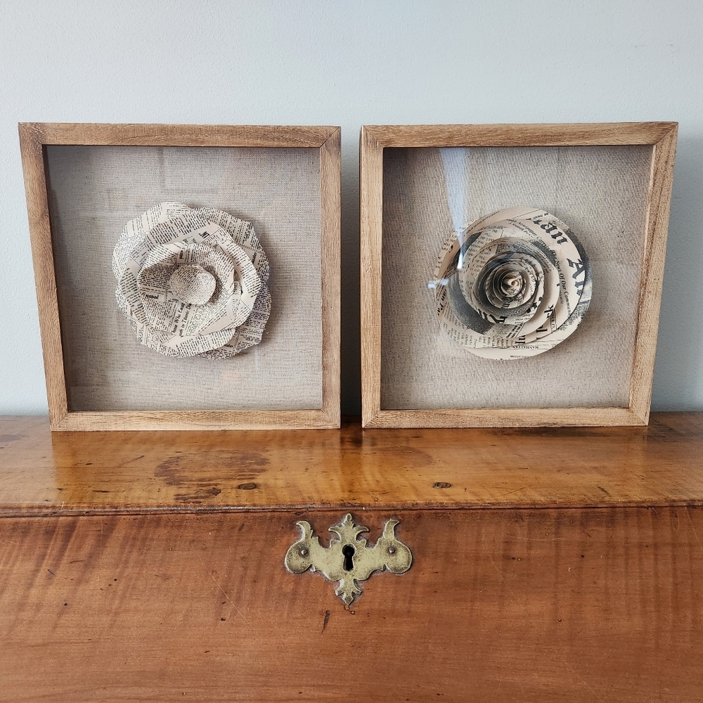Set of 2 Framed Shadowbox Newspaper Flower Wall Hangings